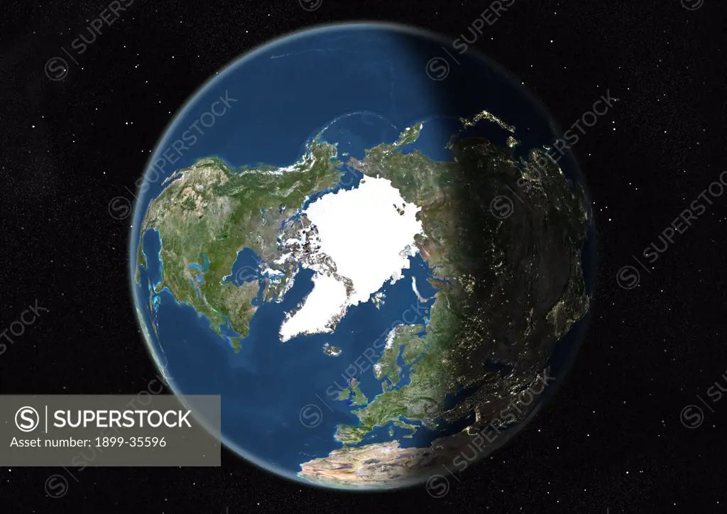 Globe Centred On The North Pole, True Colour Satellite Image. True colour satellite image of the Earth centred on the North Pole, during summer solstice at 6 p.m GMT. This image in orthographic projection was compiled from data acquired by LANDSAT 5 & 7 satellites.