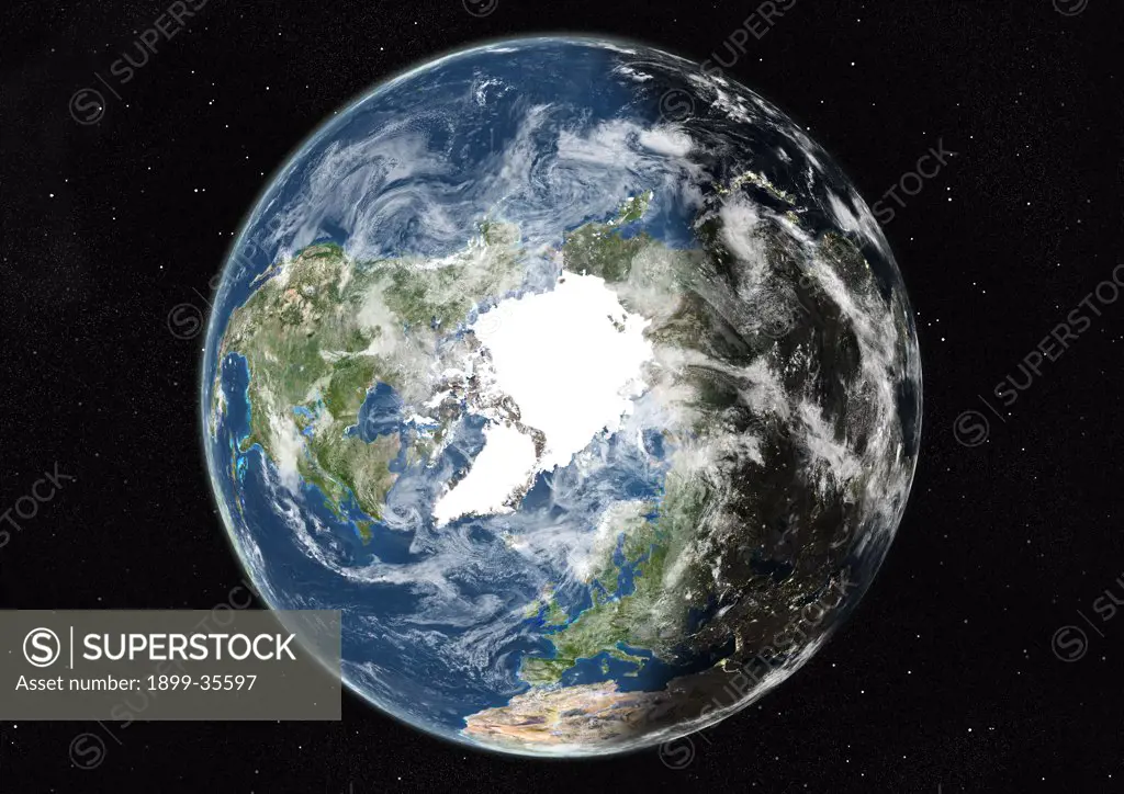 Globe Centred On The North Pole, True Colour Satellite Image. True colour satellite image of the Earth centred on the North Pole with cloud coverage, during summer solstice at 6 p.m GMT. This image in orthographic projection was compiled from data acquired by LANDSAT 5 & 7 satellites.