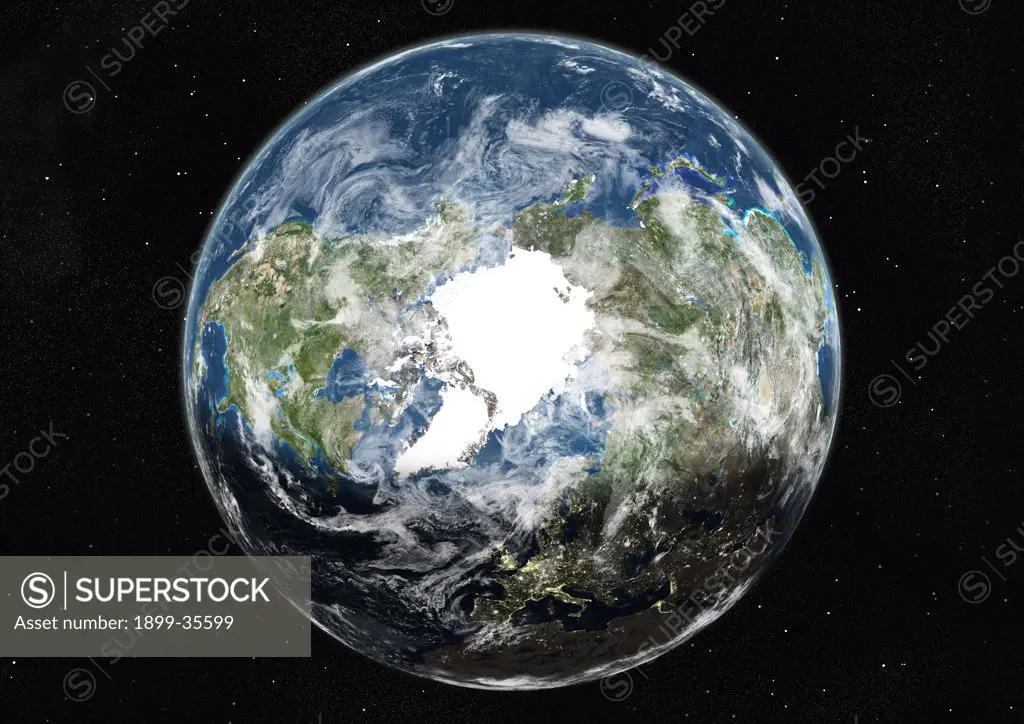 Globe Centred On The North Pole, True Colour Satellite Image. True colour satellite image of the Earth centred on the North Pole with cloud coverage, during summer solstice at 12 p.m GMT. This image in orthographic projection was compiled from data acquired by LANDSAT 5 & 7 satellites.