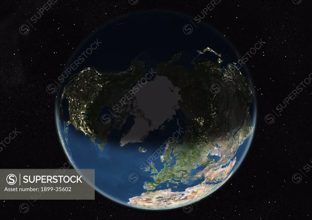 Globe Centred On The North Pole, True Colour Satellite Image. True colour satellite image of the Earth centred on the North Pole, during winter solstice at 12 a.m GMT. This image in orthographic projection was compiled from data acquired by LANDSAT 5 & 7 satellites.