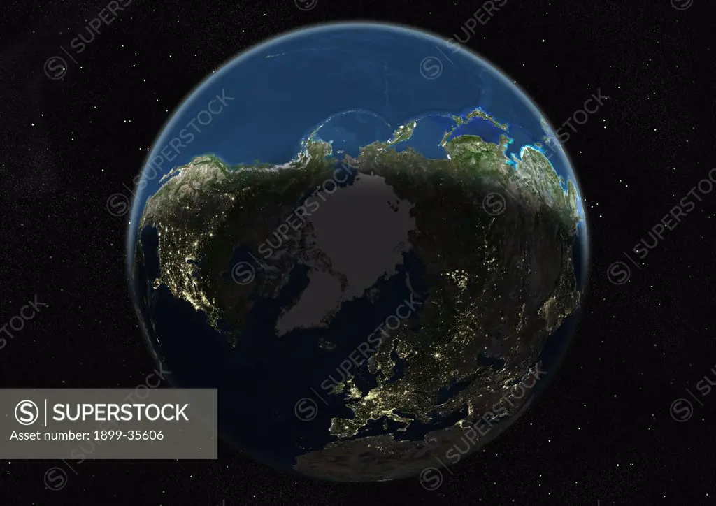 Globe Centred On The North Pole, True Colour Satellite Image. True colour satellite image of the Earth centred on the North Pole, during winter solstice at 12 p.m GMT. This image in orthographic projection was compiled from data acquired by LANDSAT 5 & 7 satellites.