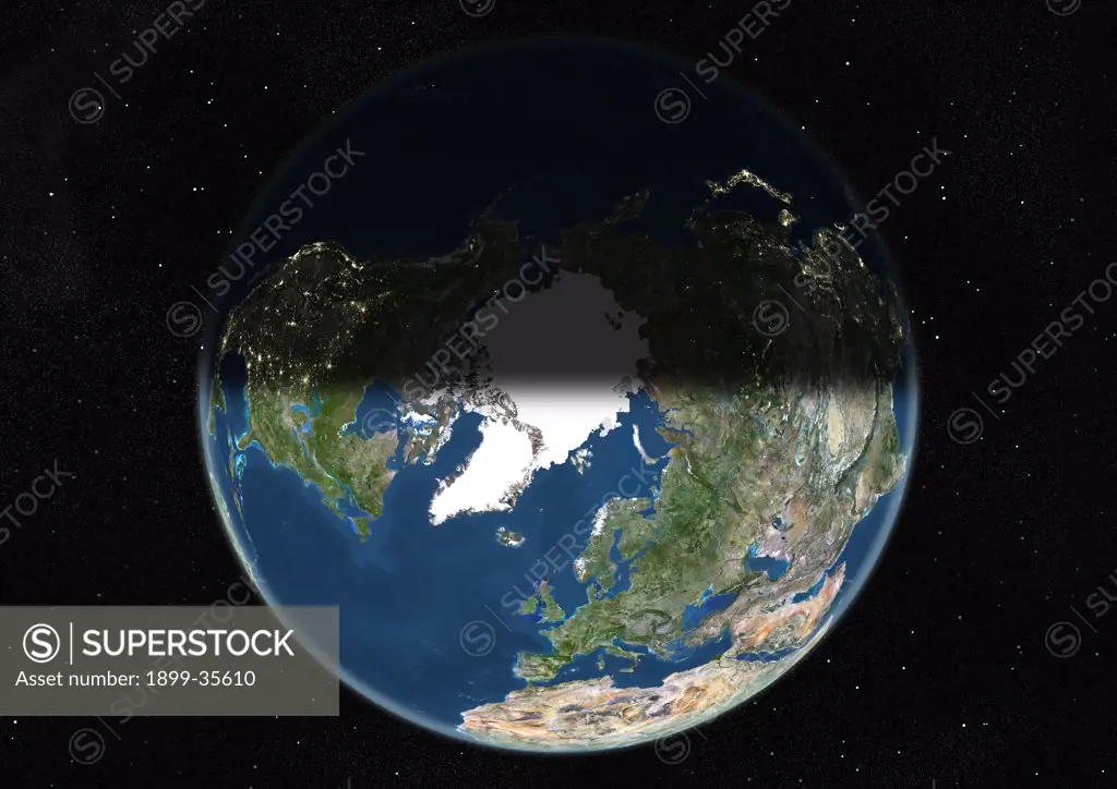 Globe Centred On The North Pole, True Colour Satellite Image. True colour satellite image of the Earth centred on the North Pole, at the equinox at 12 a.m GMT. This image in orthographic projection was compiled from data acquired by LANDSAT 5 & 7 satellites.