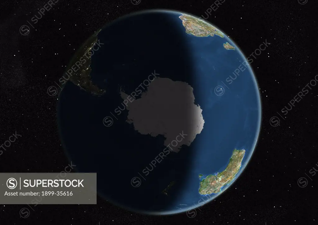 Globe Centred On The South Pole, True Colour Satellite Image. True colour satellite image of the Earth centred on the South Pole, during summer solstice at 6 a.m GMT. This image in orthographic projection was compiled from data acquired by LANDSAT 5 & 7 satellites.