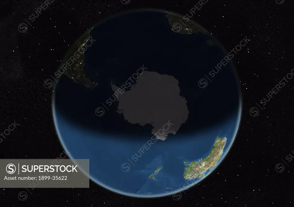 Globe Centred On The South Pole, True Colour Satellite Image. True colour satellite image of the Earth centred on the South Pole, during summer solstice at 12 p.m GMT. This image in orthographic projection was compiled from data acquired by LANDSAT 5 & 7 satellites.