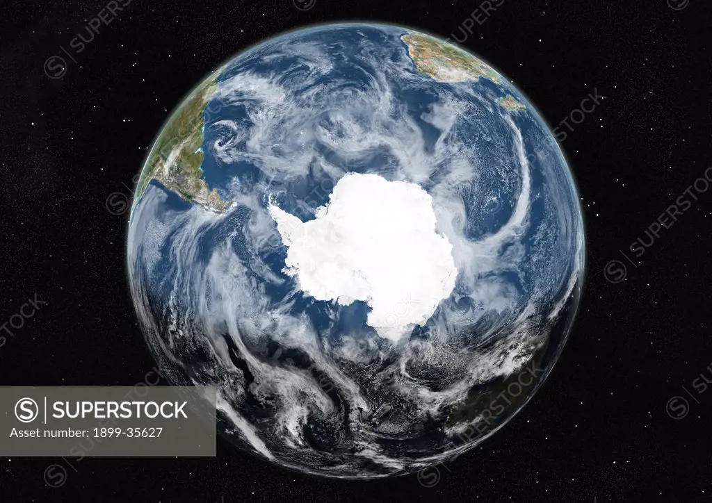 Globe Centred On The South Pole, True Colour Satellite Image. True colour satellite image of the Earth centred on the South Pole with cloud coverage, during winter solstice at 12 a.m GMT. This image in orthographic projection was compiled from data acquired by LANDSAT 5 & 7 satellites.