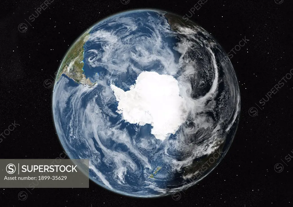 Globe Centred On The South Pole, True Colour Satellite Image. True colour satellite image of the Earth centred on the South Pole with cloud coverage, during winter solstice at 6 p.m GMT. This image in orthographic projection was compiled from data acquired by LANDSAT 5 & 7 satellites.