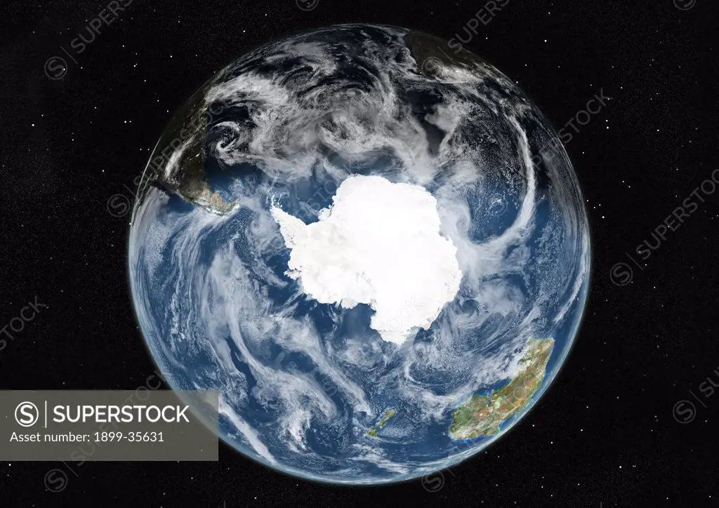 Globe Centred On The South Pole, True Colour Satellite Image. True colour satellite image of the Earth centred on the South Pole with cloud coverage, during winter solstice at 12 p.m GMT. This image in orthographic projection was compiled from data acquired by LANDSAT 5 & 7 satellites.