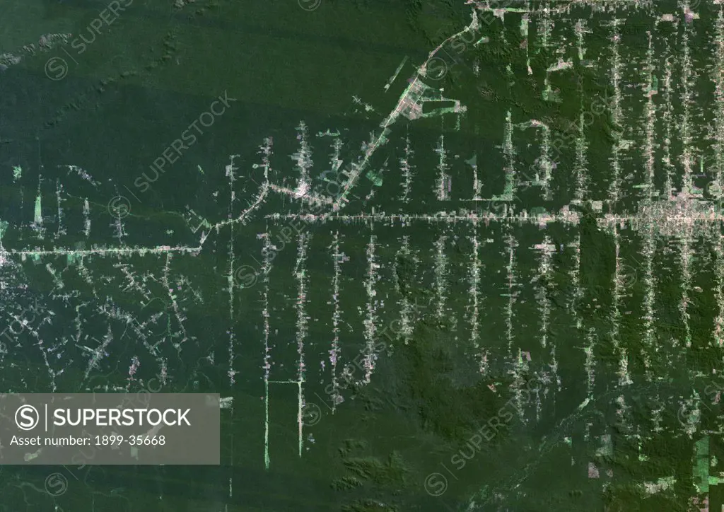 Deforestation, East Rondonia, Brazil, In 1990, True Colour Satellite Image. True colour satellite image showing deforestation in Amazonia in the Eastern part of the State of Rondonia, Brazil. Image in landscape format taken in 1990, using LANDSAT data.