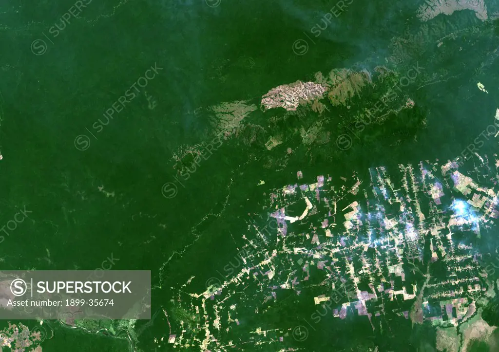 Deforestation, West Rondonia, Brazil, In 2001, True Colour Satellite Image. True colour satellite image showing deforestation in Amazonia in the Western part of the State of Rondonia, Brazil. Image size A4, taken in 2001, using LANDSAT data.