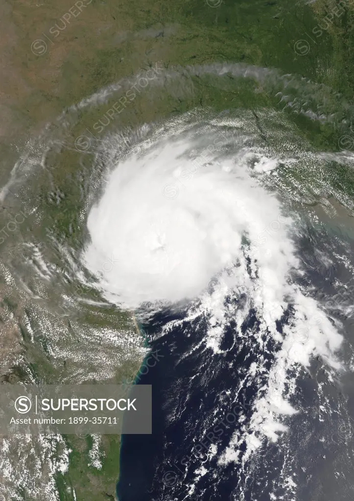 Hurricane Claudette, Texas, Us, In 2003, True Colour Satellite Image. Hurricane Claudette on 15 July 2003 at Matagorda Bay on the middle Texas coast, US. True-colour satellite image using MODIS data.