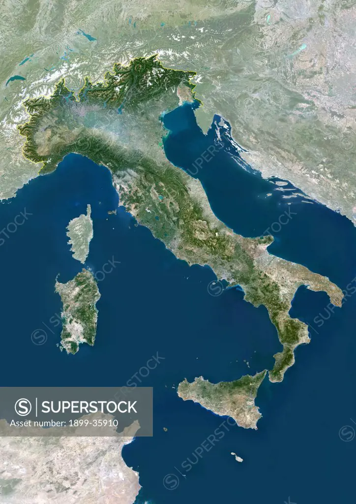 Italy, True Colour Satellite Image With Mask And Border. Italy, true colour satellite image with mask and border. Italy comprises the large peninsula at centre, and the large islands of Sicily (lower centre) and Sardinia (centre left). It also encompasses numerous smaller islands. To the northeast of Italy is the Adriatic Sea, southeast of it is the Ionian Sea, southwest of it is the Tyrrhenian Sea, and the Ligurian Sea lies above the French island of Corsica at upper left. The image used data f