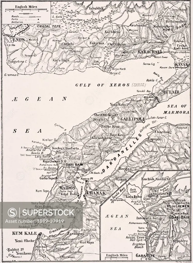 Detailed map of Gallipoli Peninsula and the Dardanelles Turkey in 1915 showing British and Allied landing beaches From The War Illustrated Album deLuxe published London 1916