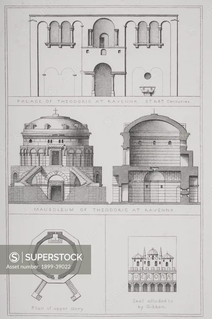 Palace and Mausoleum of Theodoric at Ravenna Italy from Agincourt's History of Art by its Monuments