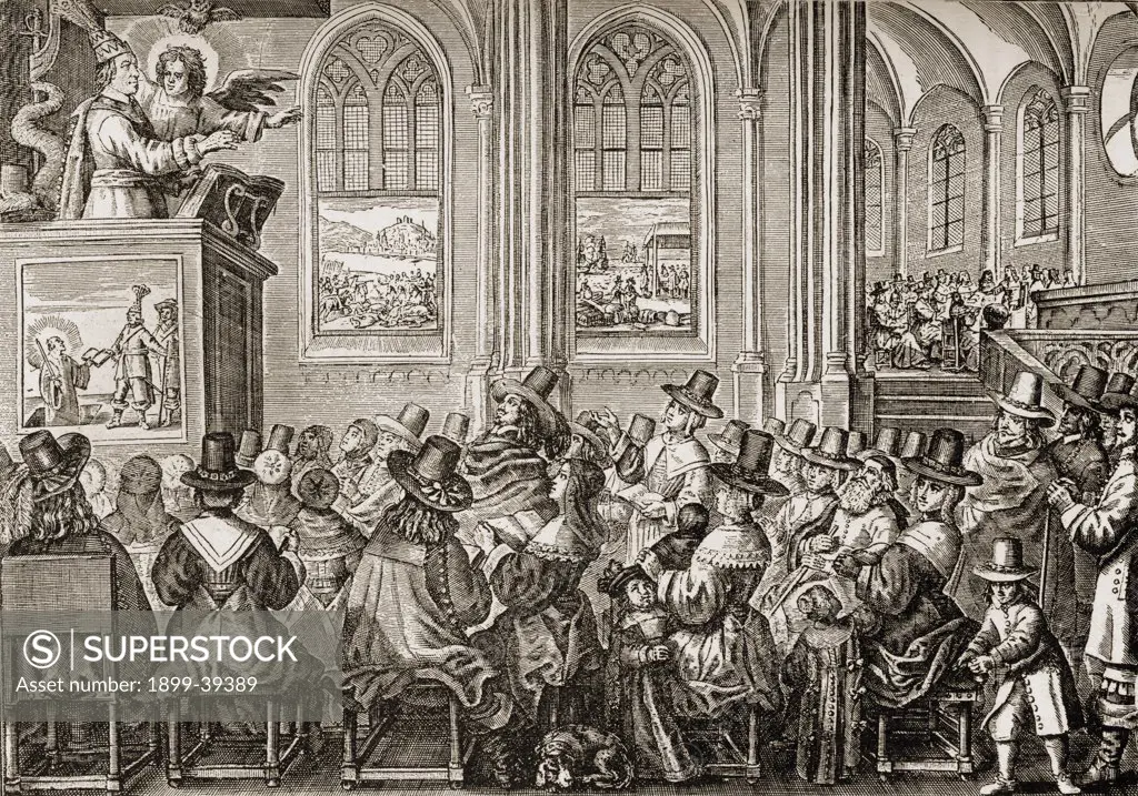 Oliver Cromwell,1599-1658. English soldier and statesman. Oliver Cromwell preaching to a Puritan congregation. From a Dutch satirical print published in 1651.