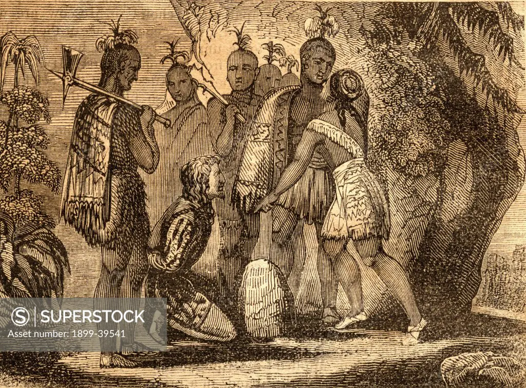 Pocahontas interceding for the life of Smith, 1607. Captain John Smith, 1580-1631 English soldier and explorer. Pocahontas (Matoaka) 1595-1617 Algonqiuan Indian princess.