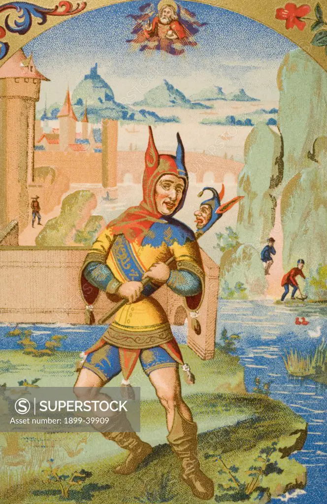 A court fool of the 15th century. 19th century reproduction of miniature from a medieval manuscript