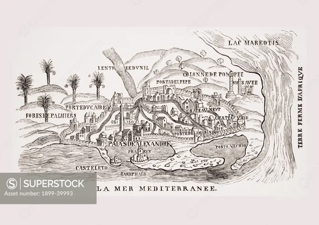 View of 16th century Alexandria Egypt. 19th century reproduction of woodcut in the Travels of P. Belon. Observations de Plusieurs Singularitez published Paris 1588