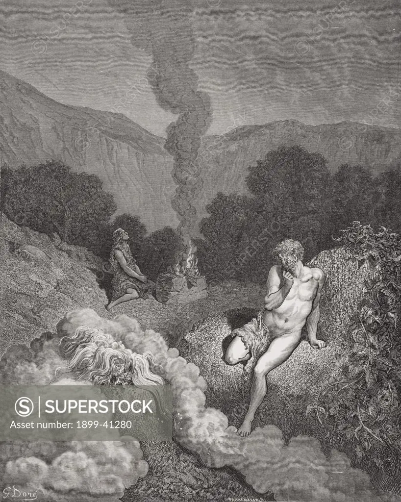 Engraving from The Dore Bible illustrating Genesis iv 3 to 5 Cain and Abel Offering Their Sacrifices by Gustave Dore 1832-1883 French artist and illustrator