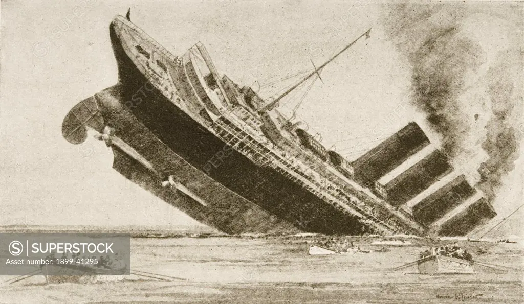 Sinking of the Lusitania May 7 1915 drawn by Norman Wilkinson