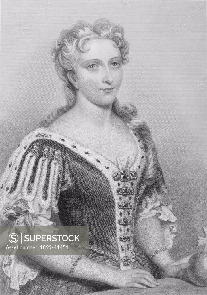 Caroline of Ansbach,1683-1737. Queen consort of King George II of England. Engraved by G. Brown after J.W.Wright.From the book ""The Queens of England, Volume II"" by Sydney Wilmot. Published London circa. 1890.