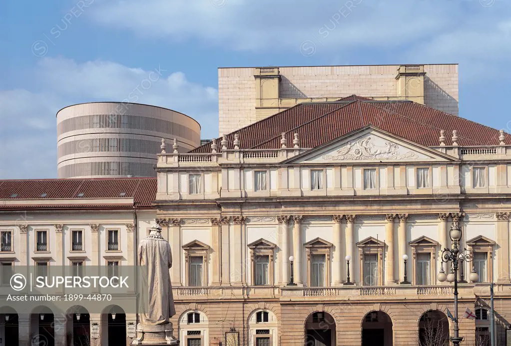 Views of the La Scala Theater after its restoration in 2004, Milan, by Botta Mario, Piermarini Giuseppe, 2004, 21st Century, . Italy: Lombardy: Milan: Teatro alla Scala. Detail. Facade elevation Scala Theater Milan