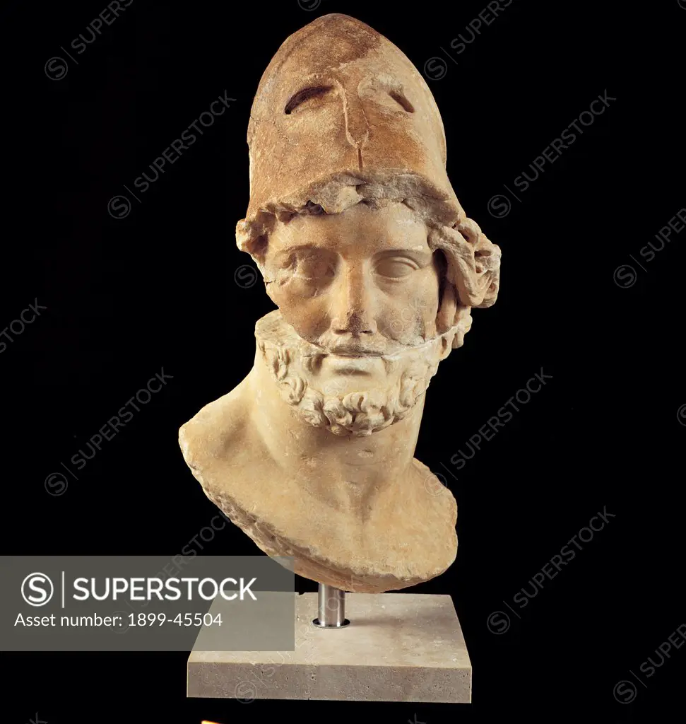 Portrait of a strategist, by Unknown artist, 4th Century, marble. Italy. Lazio. Rome. Palazzo Massimo alle Terme. inv. 74037. Whole artwork. Front view beard man helmet head strategist face, from Via Cassia. State of preservation of gappy, neck and chin restored