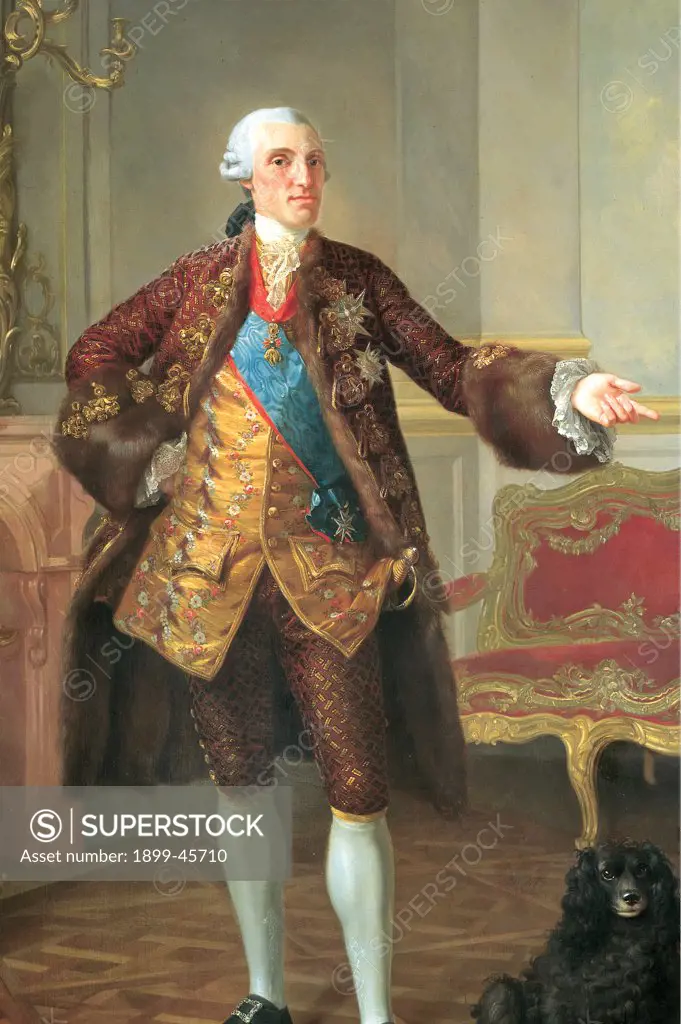 Portrait of Don Felipe de Bourbon, by Pecheux Laurent (Lorenzo), 1765, 18th Century, oil on canvas. Italy: Emilia Romagna: Parma: National Gallery of Art. Whole artwork. Portrait Philip of Bourbon man duke living room furniture red sofa gold brown dress tailcoat fur golden waistcoat dog wooden floor