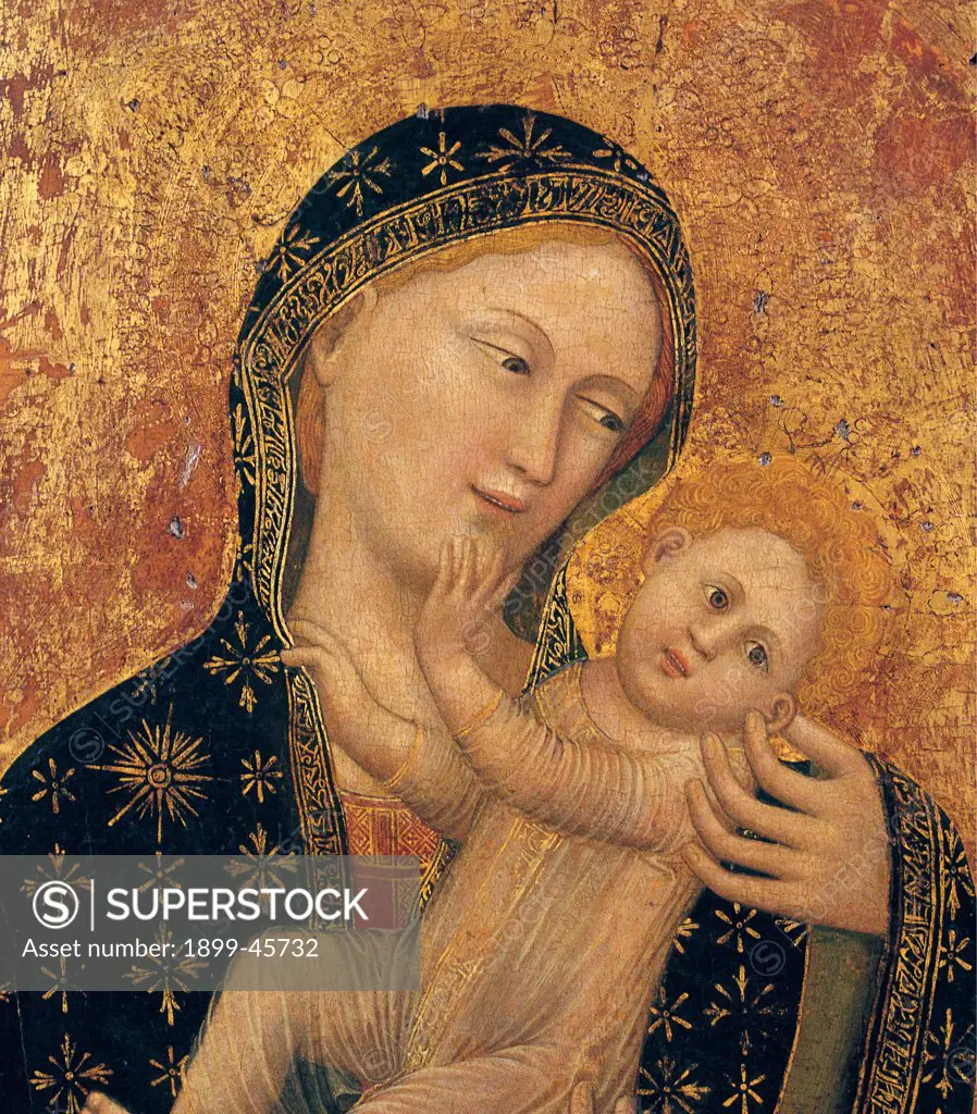 Madonna with Child, by follower Vitale degli Equi known as Vitale da Bologna, 1345 - 1350, 14th Century, oil on panel. Italy: Marche: Pesaro Urbino: Urbino: Galleria Nazionale delle Marche. Detail. Virgin Mary face Jesus Baby/Child bands/sashes cloak blue gold gilded halos