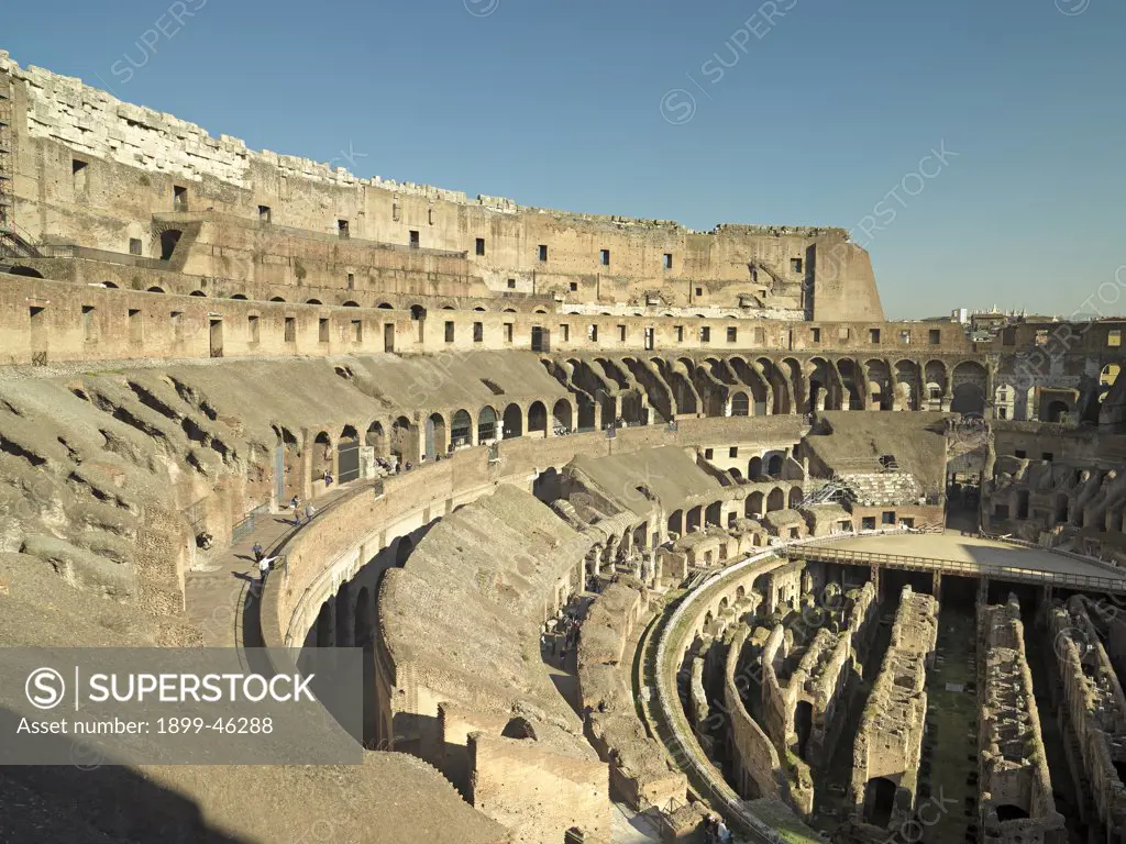 Flavian Amphitheatre or Coliseum in Rome, by Unknown artist, 79 - 80, 1st Century, brick and travertine stone. Italy: Lazio: Rome: Coliseum. Detail. Coliseum interior upper tiers cavea