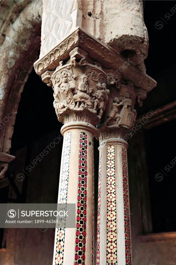 Monreale, Cathedral, by Unknown artist, 1172 - 1183, 12th Century, . Italy: Sicily: Palermo: Monreale: Santa Maria Nuova Cathedral. Detail. Exterior cloister arches pointed arch/ogive paired columns capitals inserts glass paste