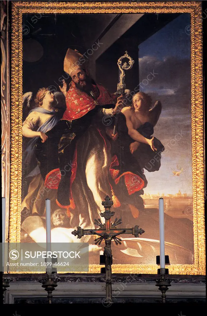 St Orontius, by Coppola Giovanni Andrea, 1656, 17th Century, canvas. Italy: Puglia: Lecce: Lecce: Maria Santissima Assunta Cathedral. Whole artwork. Bearded man saint bishop St Orontius holy vestments cloak/mantle pallium mitre/miter crosier/pastoral angels corpse martyrdom decapitation axe littoria