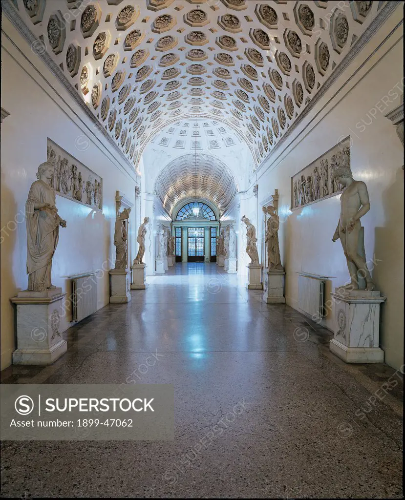 Ducal Palace, by Unknown artist, 14th Century, . Italy: Tuscany: Lucca: Ducal Palace. Detail. Interior. Statues Gallery. Gallery barrel vault statues friezes sculpture stucco bas-reliefs Ducal Palace Lucca