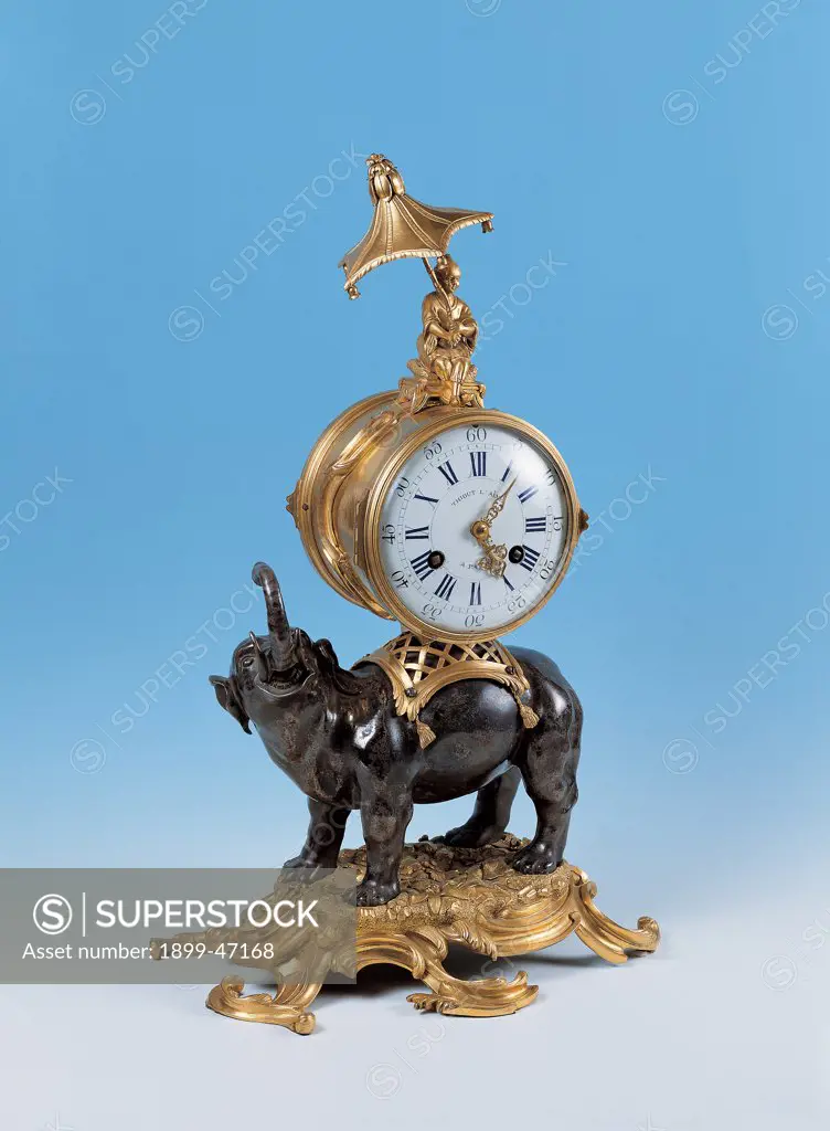 Shelf clock, by French work Antoine, French work, 1760, 18th Century, gilded bronze. Private collection. Whole artwork. Clock face/dial chinese elephant umbrella black gold