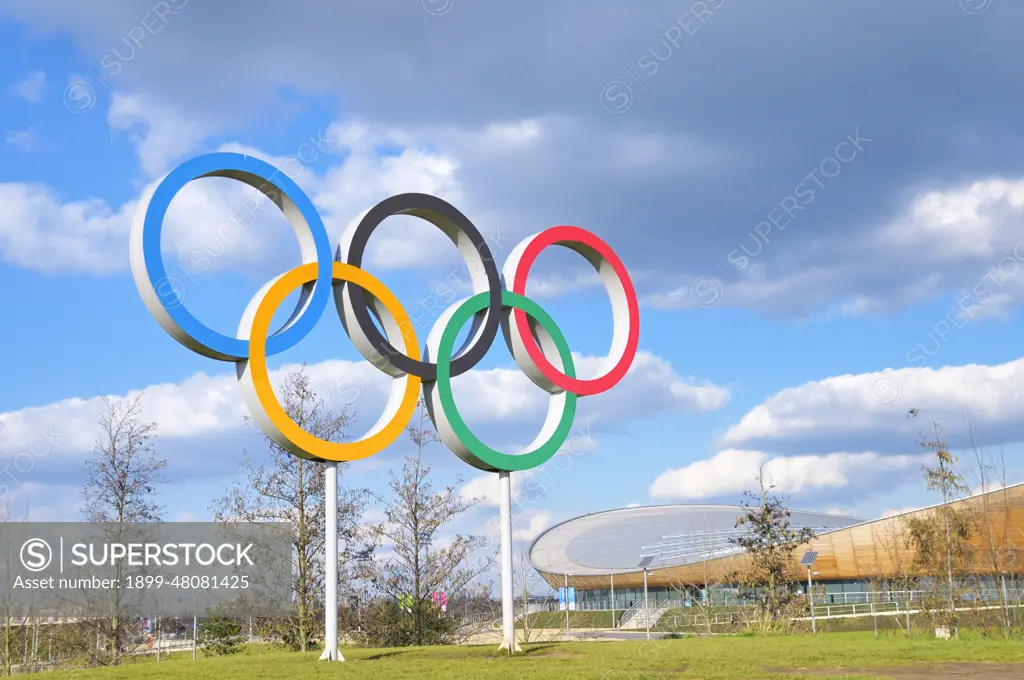 Olympic Rings and Lee Valley VeloPark at the Queen Elizabeth Olympic Park in Stratford in east London.  