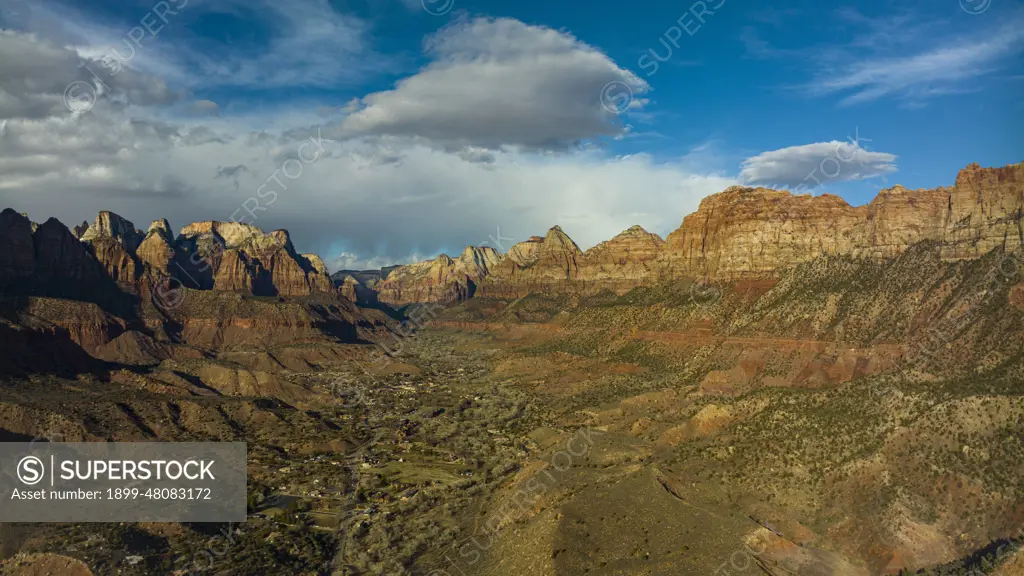 MARCH 2023, ZION NATIONAL PARK, SPRINGDALE, UTAH - USA - aerial drone view of Zion National park, Springdale, Utah