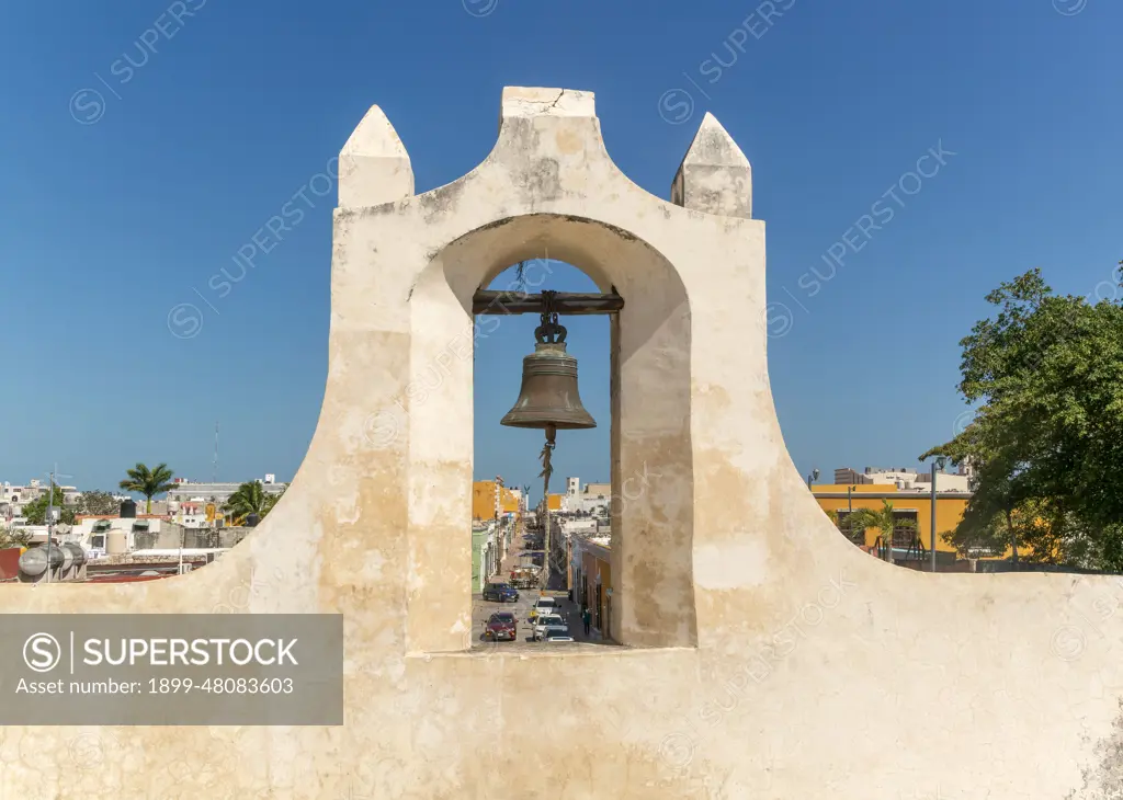 Fortifications Spanish military architecture of city walls, Campeche city, Campeche State, Mexico, bell of Puerta de Tierra.