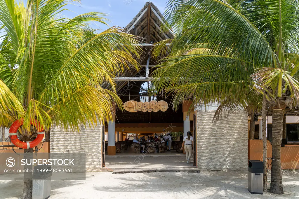 Beach restaurant, La Palapa building, Celestun, Yucatan, Mexico.