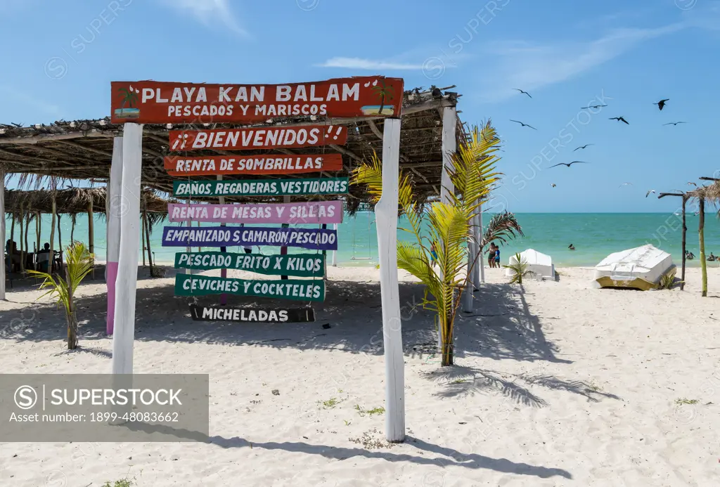 Painted wooden beach signs at Playa Kan Balam, Celestun, Yucatan, Mexico.