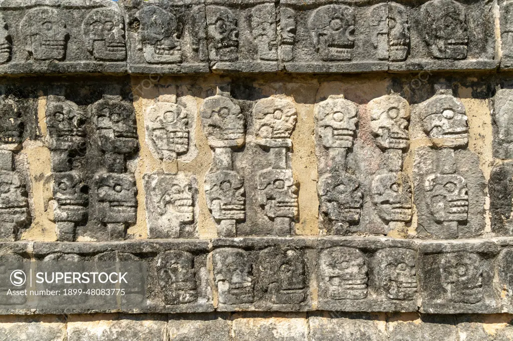 Platform of Skulls, Tzompantli, Chichen Itza, Mayan ruins, Yucatan, Mexico.