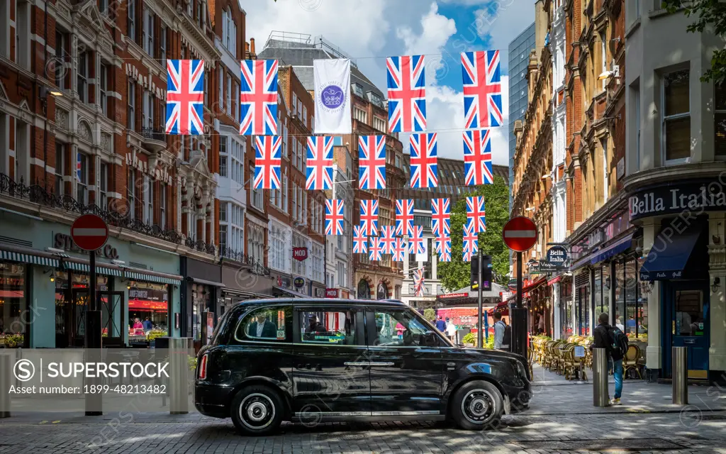 A TX City electric black cab waits for passengers under Jubilee bunting in central London.