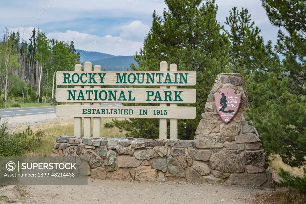 Sign near entrance to Rocky Mountain National Park in Colorado.