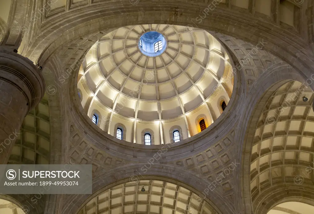 Arches and dome inside cathedral church, Merida, Yucatan State, Mexico.