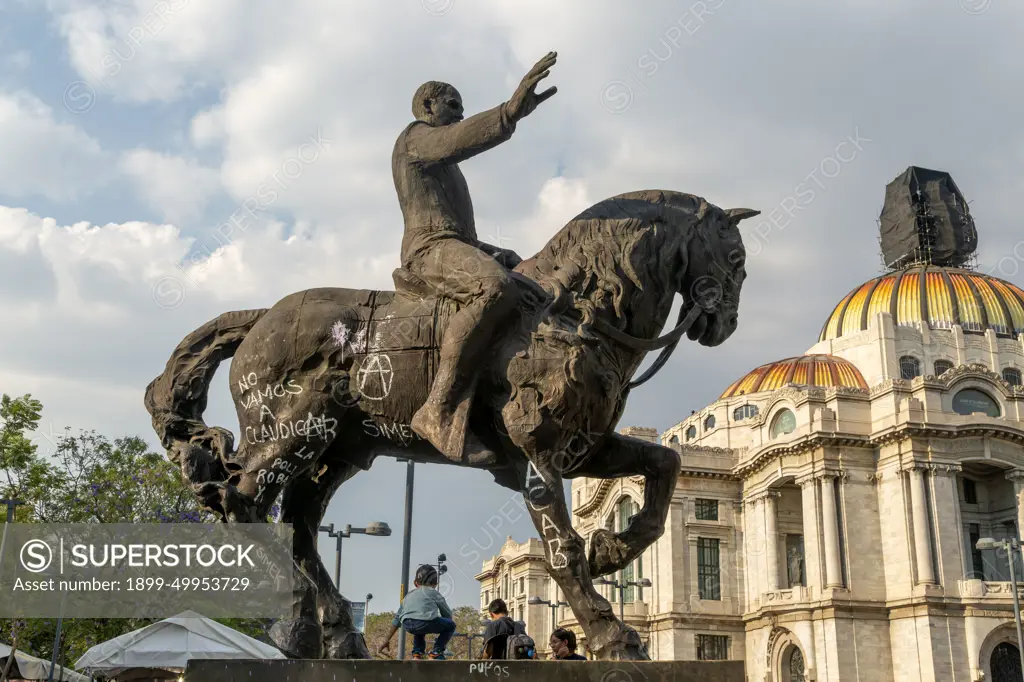 Graffiti on equestrian statue of Francisco Madero, Palacio de Bellas Artes, Palace of Fine Arts Mexico City, Mexico.