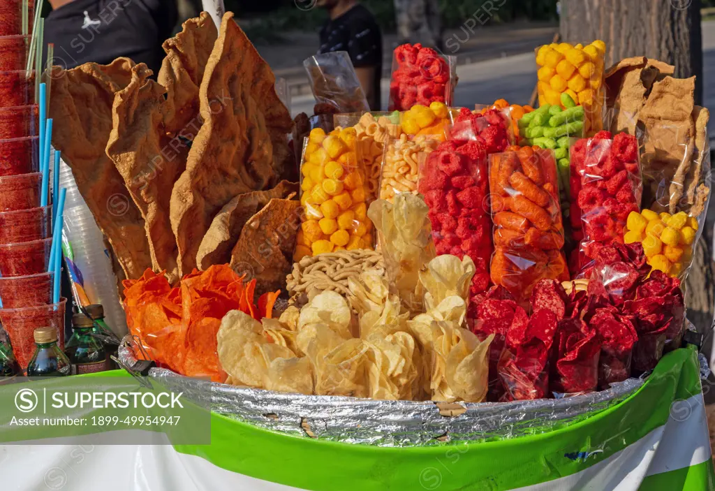 Stall selling fast food snacks, Alameda Central Park, Mexico City, Mexico.