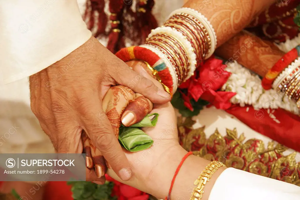 The Ritual Called 'Hastmelap' Being Performed During Indian Gujarati Wedding. Hastmelap Is A Ritual In Which The Bride Father Gives His Daughter'S Hand In The Hand Of The Groom As A Marriage Ceremony, India