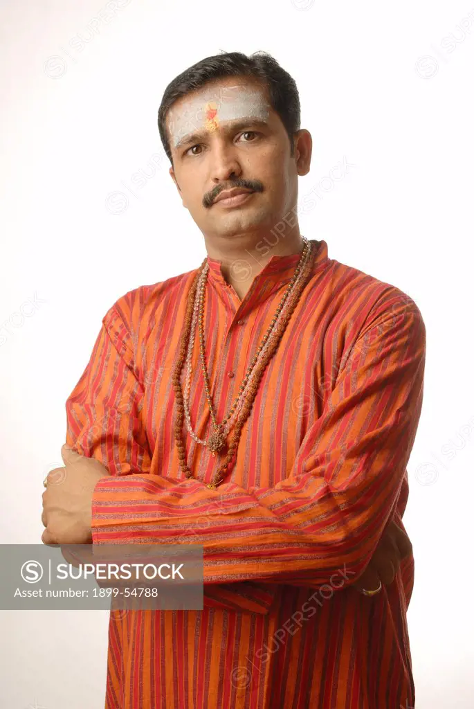 Indian Male. Hindu Priest With Beads Necklace And Ash On Forehead.