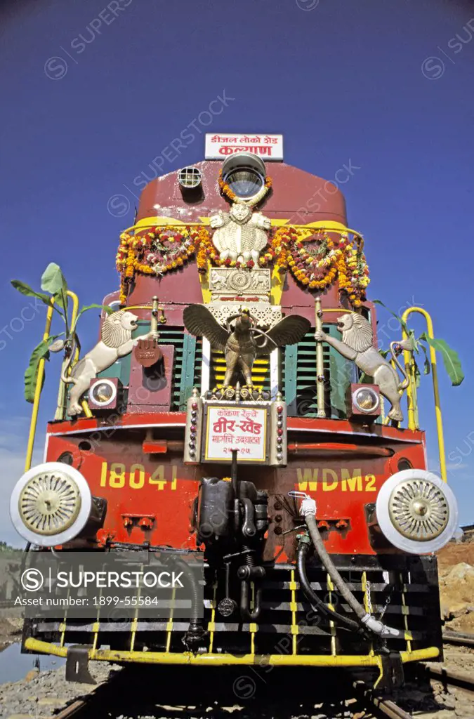 India. Highly Decorated Diesel Train Engine, Front View