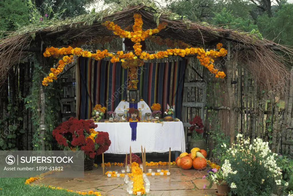 New Mexico, Chimayo, Day Of The Dead Altar, Orange Flowers Made Into Cross, Gourds, Shrine