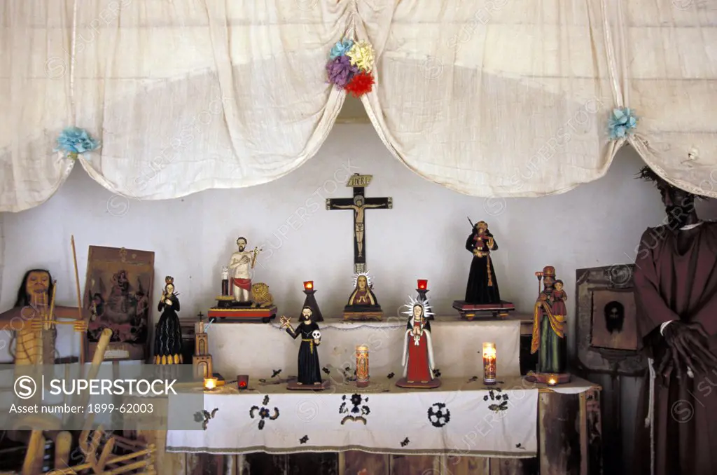 New Mexico. Santa Fe. El Rancho De Las Golondrinas Living Museum. Morada De La Conquistadora Interior. Altar Close-Up.