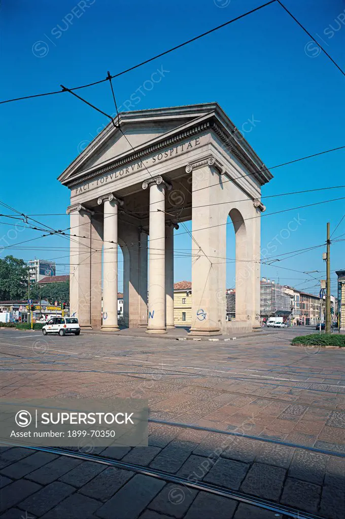 Italy, Lombardy, Milan , Porta Ticinese. View of Porta Ticinese in Milan. A  Neoclassic style gate bearing the Latin inscription \'paci populorum  sospitae\'. It made of columns surmounted by a tympanum. On